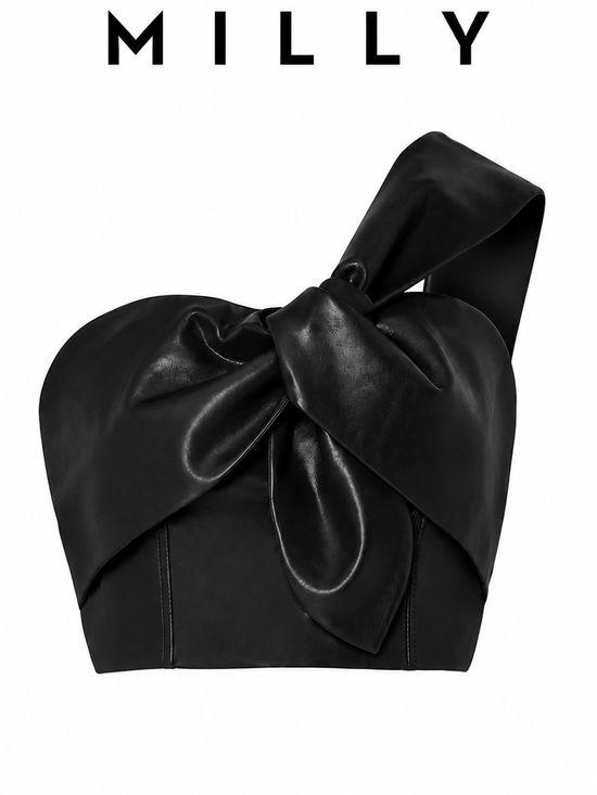 Milly Tops - MILLY Black Vegan Leather One Shoulder Bow Crop Top Faux Leather Bustier Size S